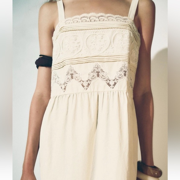 Zara Lace Trim Embroidered Cream Lace Midi Dress - Picture 3 of 12